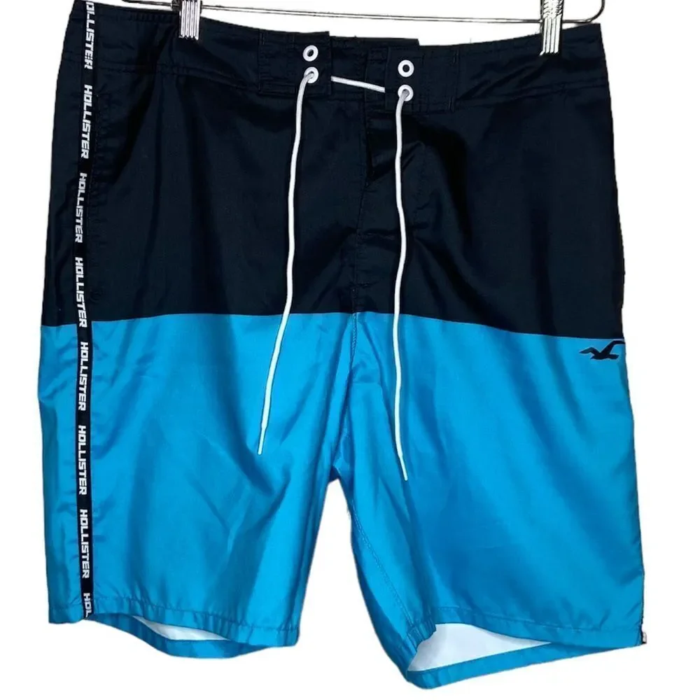 NWT Hollister board short 9”  blue & black tie waist swim trunks size 34